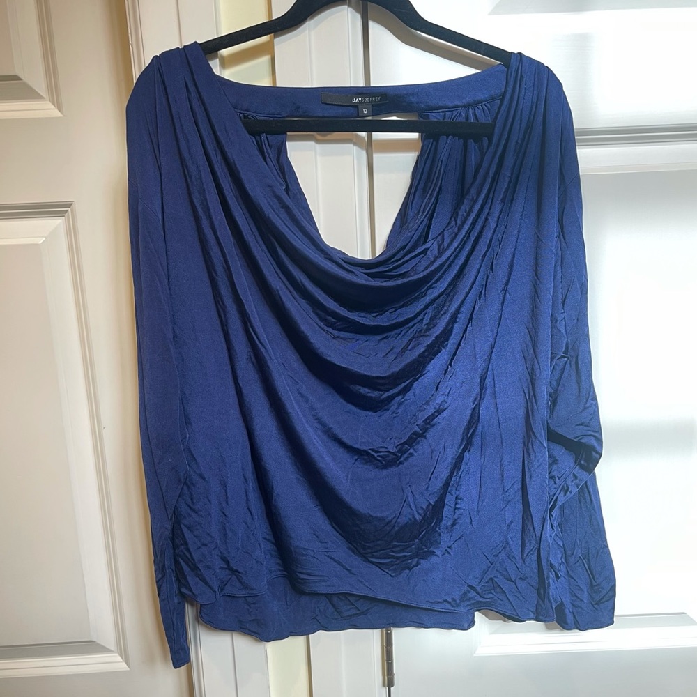 Jay Godfrey Blue Silk Cowl Neck Blouse